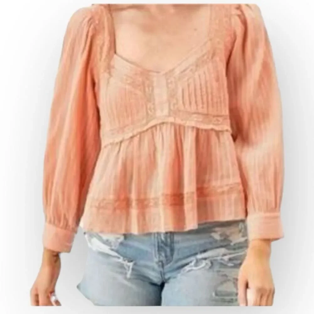 American Eagle Peachy-Pink Lace-Accented Sweetheart Neckline Babydoll Top XS